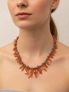 Natural Mediterranean Branch Coral with Turquoise Necklace